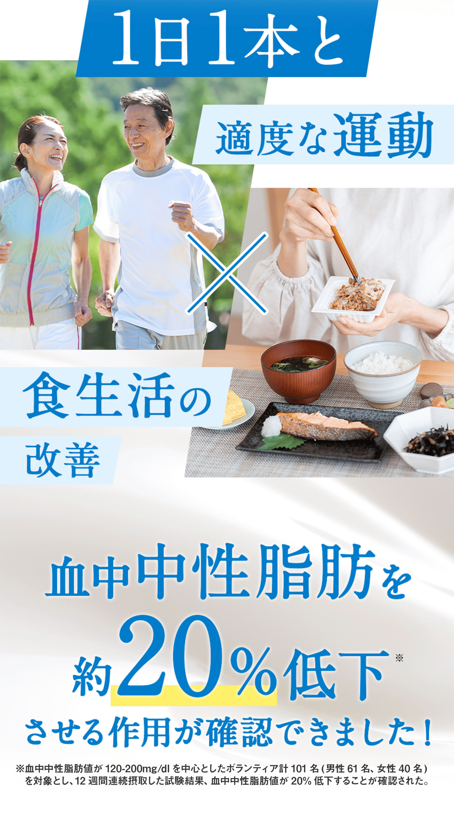 1日1本と適度な運動×食生活の改善 血中中性脂肪を約20％低下させる作用が確認できました！