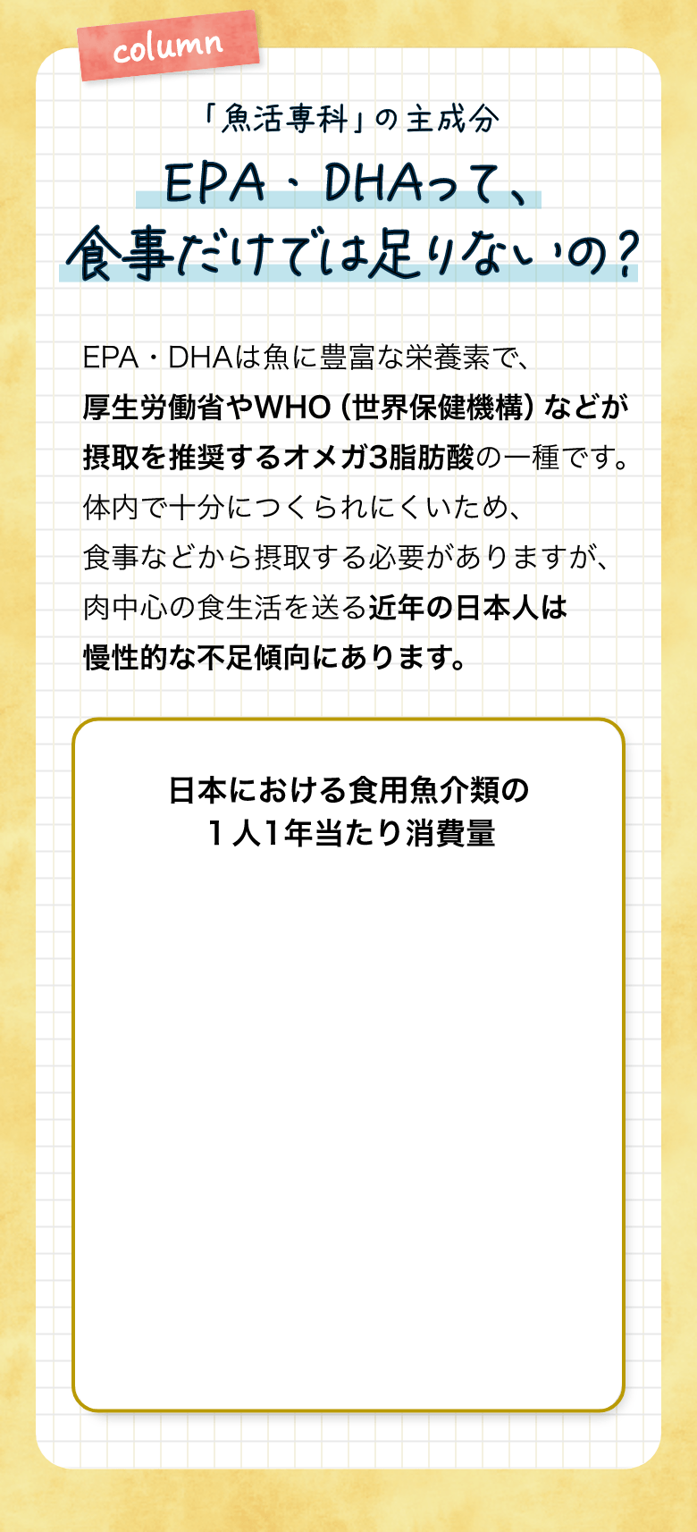 「魚活専科」の主成分EPA・DHAって、食事だけでは足りないの？