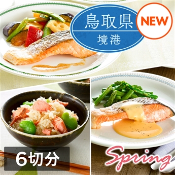ミールキット「境港サーモン 春メニューセット」（6切分）レシピ付き（境港サーモン切身6切・グリーンアスパラ・塩あじそら豆・5色の彩りごろっと野菜ミックス各1袋）