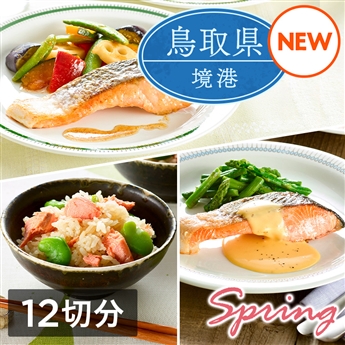 ミールキット「境港サーモン 春メニューセット」（12切分）レシピ付き（境港サーモン切身12切・グリーンアスパラ・5色の彩りごろっと野菜ミックス各1袋・塩あじそら豆2袋）