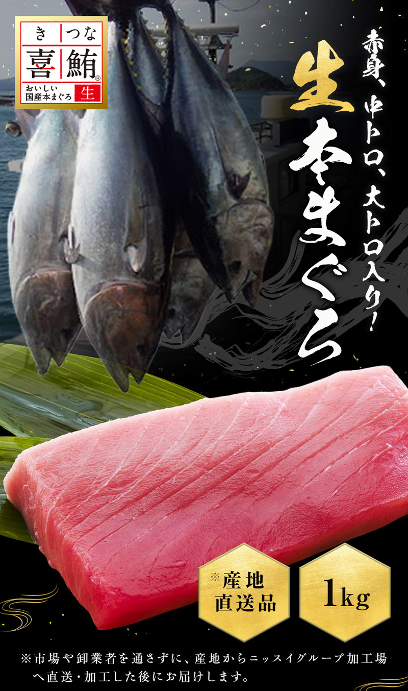 産地直送！喜鮪のおいしい国産本まぐろ。赤身、中トロ、大トロ入り！生本まぐろをニッスイが厳選しました。