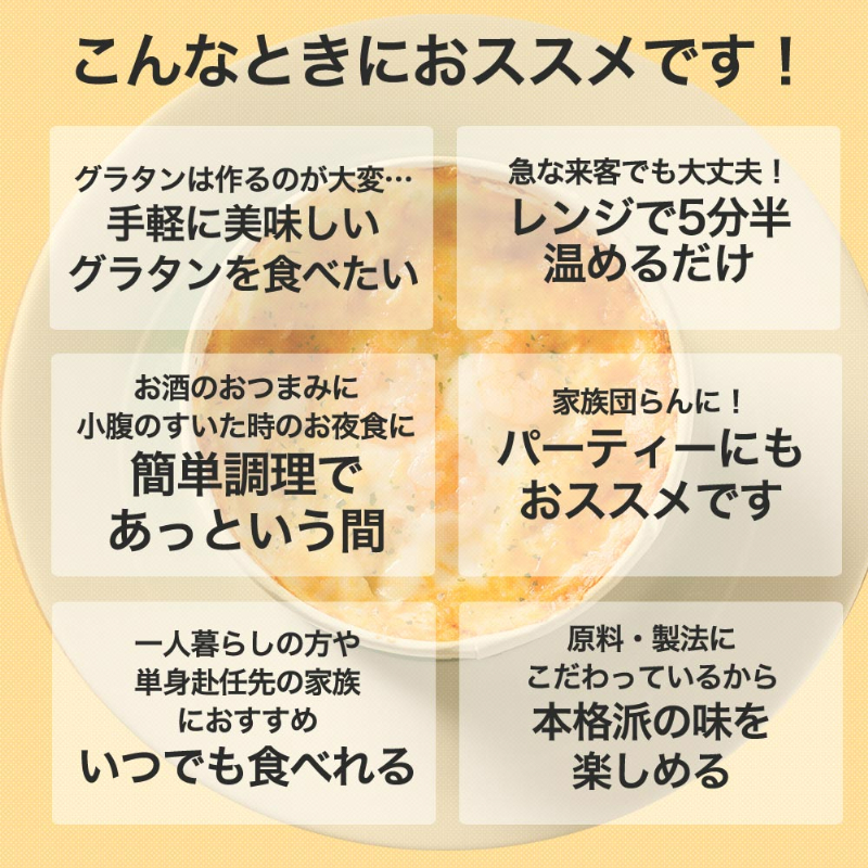 こんな時におススメです！グラタンは作るのが大変…手軽に美味しいグラタンを食べたい。急な来客でも大丈夫！レンジで5分半温めるだけ。お酒のおつまみに小腹のすいた時のお夜食に、簡単調理であっという間。家族団らんに！パーティーにもおススメです。一人暮らしの方や単身赴任先の家族におすすめ、いつでも食べれる。原料・製法にこだわっているから本格派の味を楽しめる。