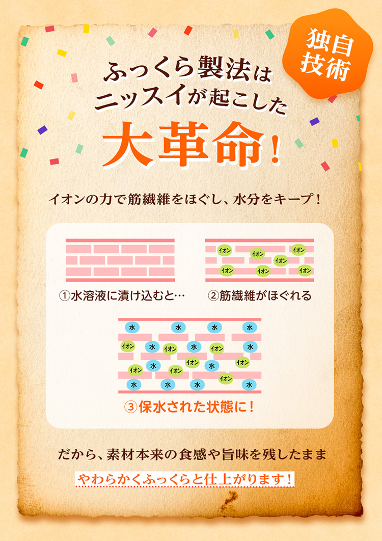 凍ったままなのに驚きのふっくら仕上がり。イオンの力で筋繊維をほぐし水分をキープ！