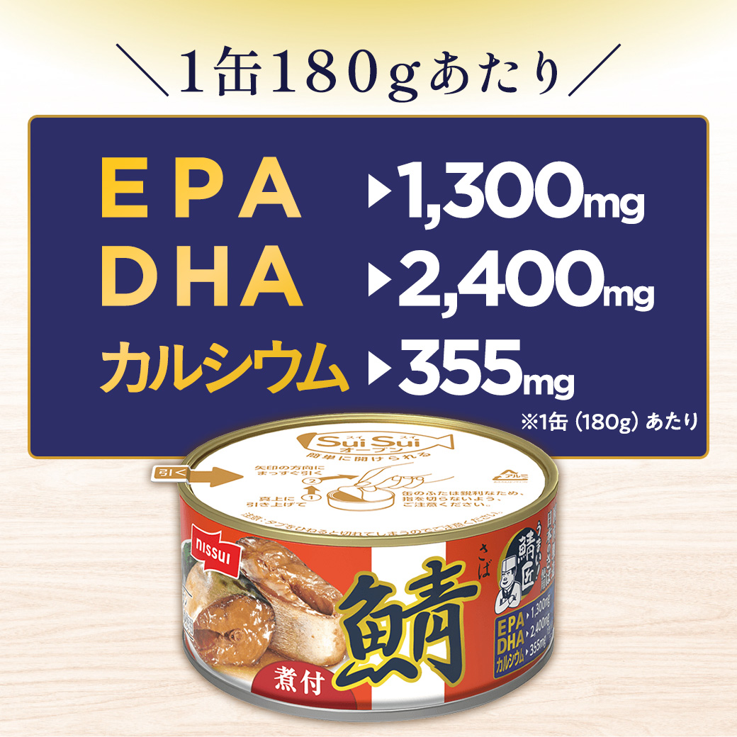 ニッスイの鯖匠さば缶は1缶180gあたり、DHA・EPA・カルシウムが豊富に含まれています。