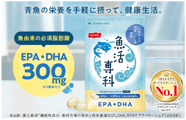 ニッスイの健康食品「魚活専科カプセル」。魚由来の必須脂肪酸EPA・DHAが2粒あたり300㎎配合！青魚の栄養を手軽に摂って、健康生活を送りませんか。ニッスイは、DHA・EPAサプライシェアーNo.1！
