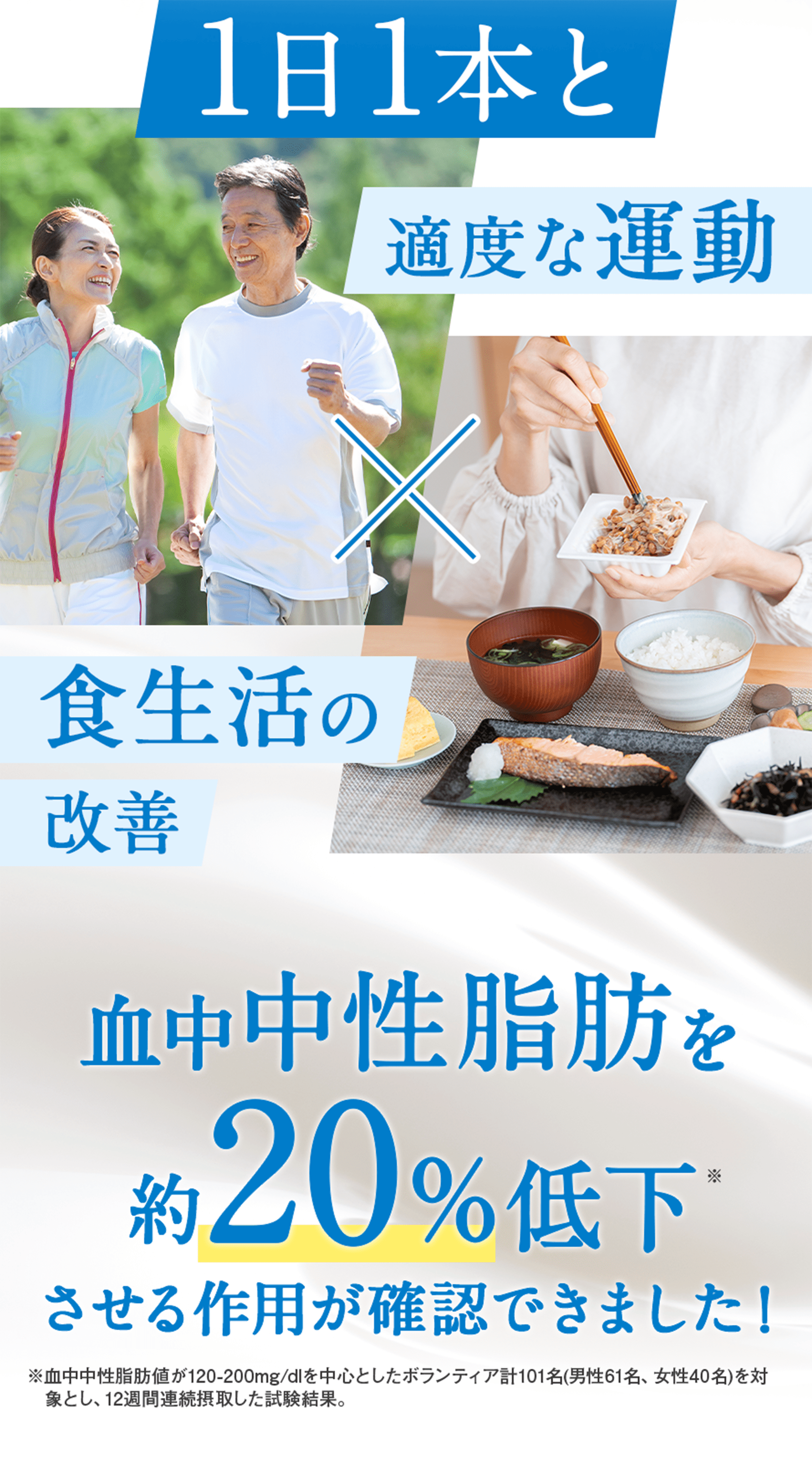 1日1本と適度な運動×食生活の改善 血中中性脂肪を約20%低下させる作用が確認できました!