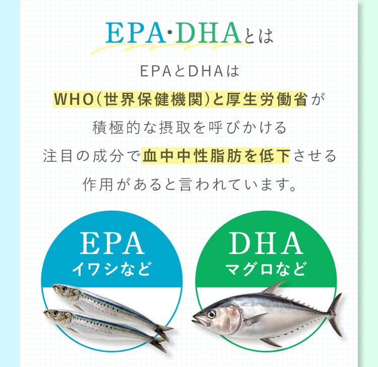 EPA・DHAとは EPAとDHAはWHO（世界保健機関）と厚生労働省が積極的な摂取を呼びかける注目の成分で血中中性脂肪を低下させる作用があると言われています。 EPAイワシなど DHAマグロなど