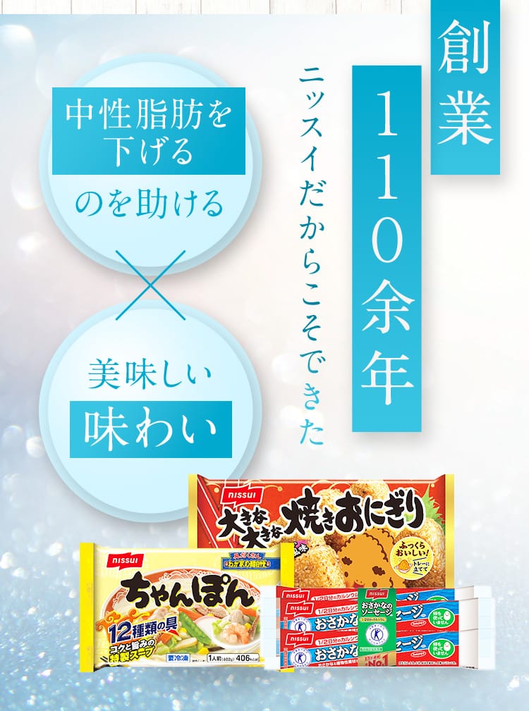 創業110余年 ニッスイだからこそできた 中性脂肪を下げるのを助ける 美味しい味わい