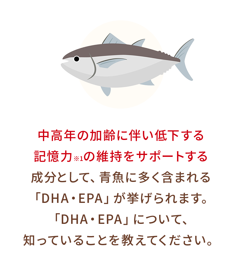 中高年の加齢に伴い低下する記憶力※1の維持をサポートする成分として、青魚に多く含まれる「DHA・EPA」が挙げられます。「DHA・EPA」について、知っていることを教えてください。