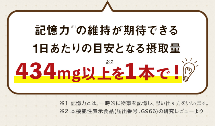 記憶力※1の維持が期待できる1日あたりの目安となる摂取量 434mg以上を1本で!