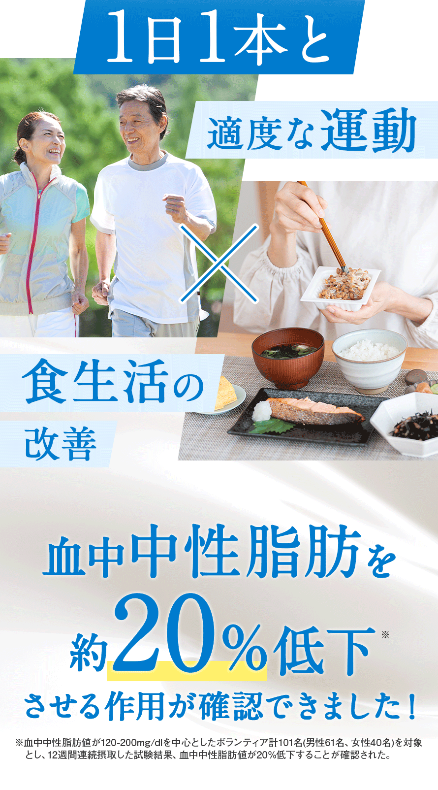 1日1本と適度な運動×食生活の改善 血中中性脂肪を約20％低下させる作用が確認できました！